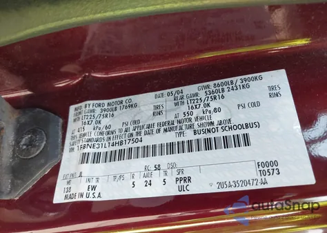 2004 Ford E-350 Super Duty Chateau/Xl/Xlt z USA, uszkodzony, nr VIN 1FBNE31L14HB17504